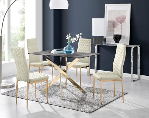 Furniturebox UK Leonardo Dark Glass Marble Effect Gold Leg Table & 4 Cream Pesaro Gold Leg Chairs