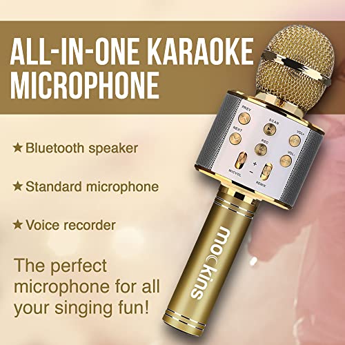 Nevlers Microfone de karaokê Bluetooth dourado para crianças com microfone Bluetooth embutido sem fi