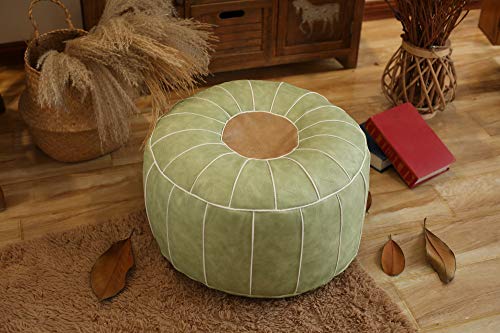 Riseon Boho Handmade Faux Pu Leather Moroccan Pouf Footstool Ottoman Leather Poufs Unstuffed 23" X 11" -Round Floor Cushion Footstool For Living Room, Bedroom And Under Desk (Green) #TOP1