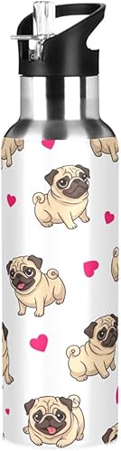 Pugs Playful White Stainless Steel Water Bottle 20 Oz Leakproof Water Bottles, BPA-Free Sport Water Bottle