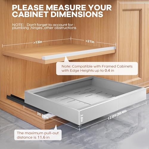 2Pack Expandable Pull Out Cabinet Organizer 21"Deep With Raising Pad for Framed Cabinets, Upgrade 3 Slide Rails Slide Out Drawers,Roll Out Shelves Adhesive,Adjustable Width 12.05"-20.4"Silver
