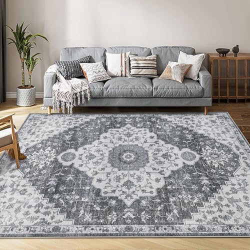 Garvee 5x7 ft Machine Washable Area Rug, Non Slip Non-Shedding Vintage Rug for Living Room, Low Pile Oriental Medallion Floral Printed Carpet,Indoor F