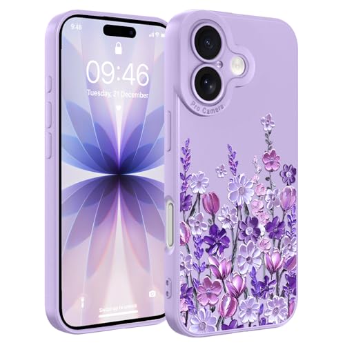 Image of Designed for iPhone 17 Case Floral for Women Girls, Purple | Cute Oil Painting Flower Pattern Liquid Silicone Phone Case [Full Camera Protection] Slim Soft TPU Protective Cover