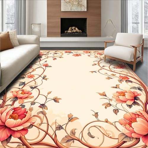 Flatwoven Area Rug 5x7 ft, Art Nouveau Inspired Scrollwork with Lush Botanical Motifs and Curved Florals, Machine Washable, Stain Resistant Indoor Rug for Living Room, Bedroom, Non Slip Decor (Pad)