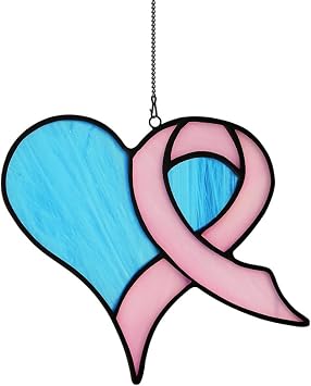 BOXCASA Pink Ribbon Stained Glass Window Hanging - Breast Cancer Awareness Caring Gifts for Women,Love Heart Shaped Stained Glass Suncatcher for Window