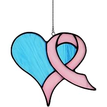 BOXCASA Pink Ribbon Stained Glass Window Hanging - Breast Cancer Awareness Caring Gifts for Women,Love Heart Shaped Stained Glass Suncatcher for Window