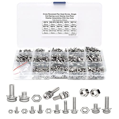 KEWAYO 400 Pcs Nuts and Bolts Assortment Kit, 304 Stainless Steel Cross Screws with Washers Assortment Kit (M2 M2.5 M3 M4 M5), for Home and Office Appliance