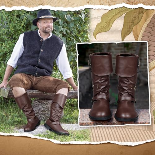 Image of Cuffbow Halloween Pirate Costume Boots for Men Medieval Renaissance Steampunk Cosplay Boots Gothic Adult Button Leather Shoes