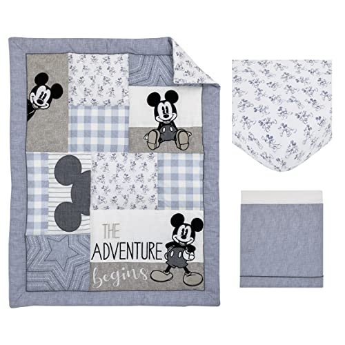 Image of Disney Mickey Mouse - Call Me Mickey Blue, White, and Gray The Adventure Begins Stars and Gingham 3 Piece Nursery Crib Bedding Set - Comforter, 100% Cotton Fitted Crib Sheet, and Crib Skirt