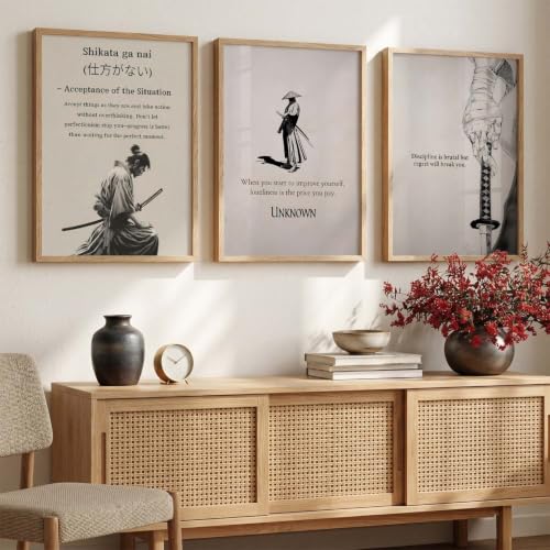 Image of kotart Japanese Samurai Motivational Art Wall Framed Posters | Aesthetic Japanese Theme Framed Poster for Living Room Bedroom Gaming Room Studio Wall Decor Set Of 3 (35x37 Inch)