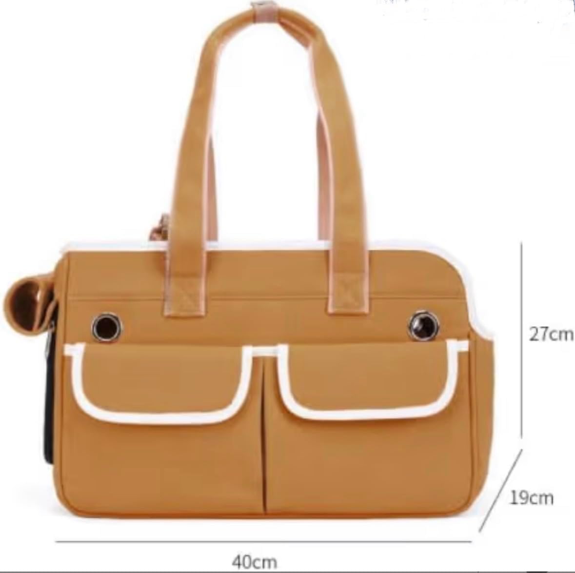 Tristan Home Designer Pet Carrier Canvas Tote Bag, Gold Handles, Double Front Pockets, 10.5/16/7.5inch, Blueish Grey with White Trim