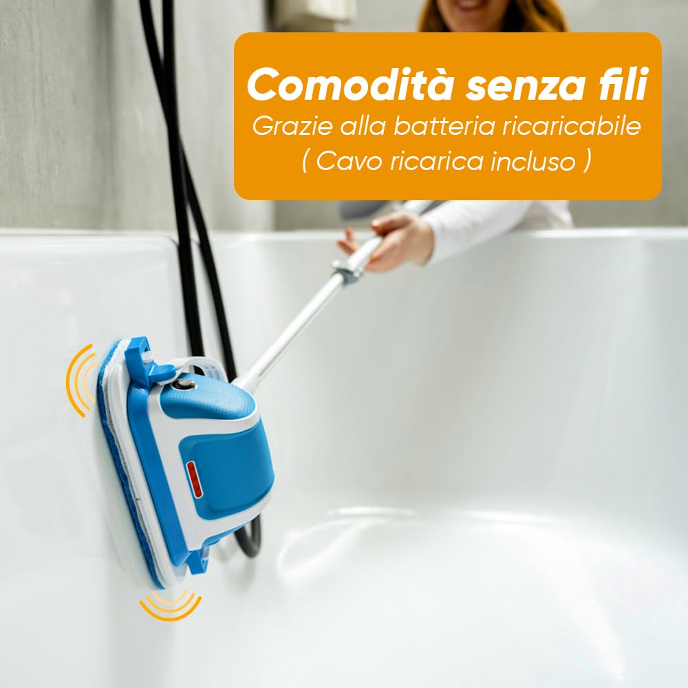 Mediawave Store - Lavapavimenti Lucidatrice Multifunzione, Scrubber Elettrico Multisuperficie Wireless, Spazzola per Pulizia della Casa con Tecnologia a Vibrazioni, Lava Pavimenti con Asta Telescopica