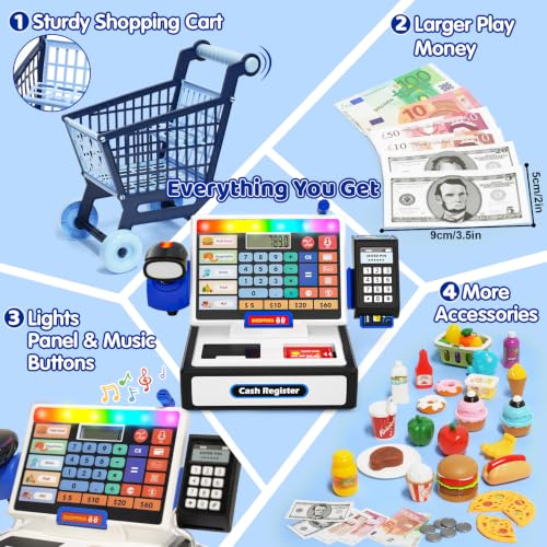 Image of LED Calculator Cash Register Toy with Shopping Cart- Pretend Play Set Kids Cash Register with Scanner, Microphone and Credit Card, Math Skills Toy for 3, 4, 5, 6 7 8+ Year Old Boy Girl