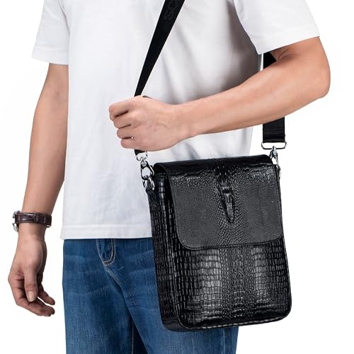 Image of Leather Messenger Bag for Men Medium Crocodile Embossed Mens Handbag Crossbody Shoulder Bag Messenger Man Purse