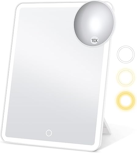 Espejo de maquillaje de viaje recargable con luz, espejo de aumento de 10X, iluminación de 3 colores, pantalla táctil regulable, espejo de