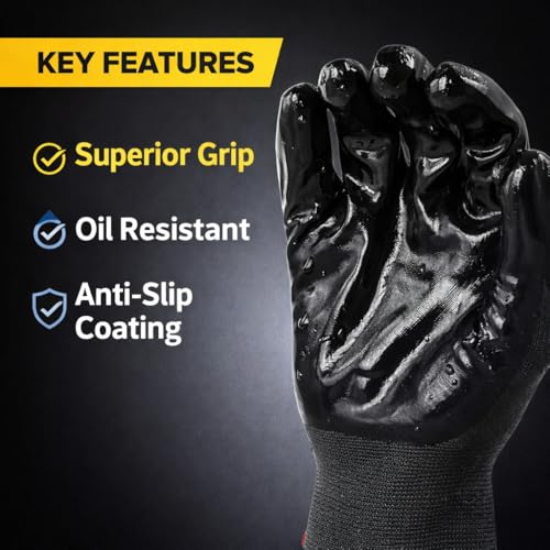 Image of Multipurpose Nylon Nitrile Coating Industrial Work Safety Hand Gloves, Fingers Protection, Useful in Gardening, Mechanical, Construction - Durable & Comfortable (BLACK NYLON 5 PAIR)