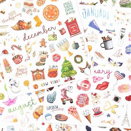 Aesthetic Monthly Planner Stickers - Beautiful Holiday Sticker Set to Enhance Your Planner Journal or Calendar - Perfect Scrapbook Supplies & Accessories with All Year Holidays & Vintage Stickers