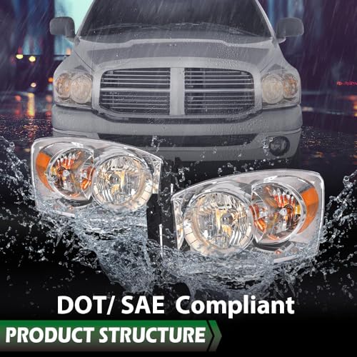 Image of GRAND ORANGE Headlights Assembly w /Bulbs Compatible with Dodge Ram 1500 Truck 2006-2008 /Fits Dodge Ram 2500 3500 Truck 2006-2009 Headlamps Clear Lens Amber Reflector