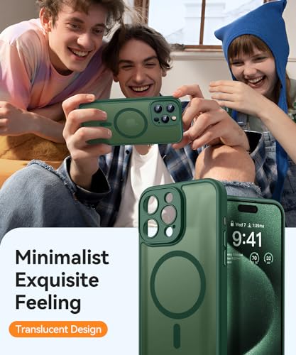 Image of CANSHN Magnetic Compatible with iPhone 15 Pro Max Case, Upgraded [Full Camera Protection] [Compatible with Magsafe] [Translucent Matte] Shockproof Protective Phone Case Cover 6.7 Inch - Deep Green
