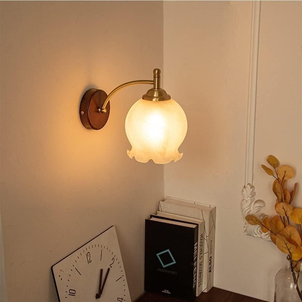 KBUUKYYXouy Farmhouse Wall Mount Light Fixture Milk Glass Flower Wall Sconce Vintage Gold Mid Century Modern Wall Lighting Wood Rustic Wall Lamp for Bedroom Living Room Bedside Staircase Porch