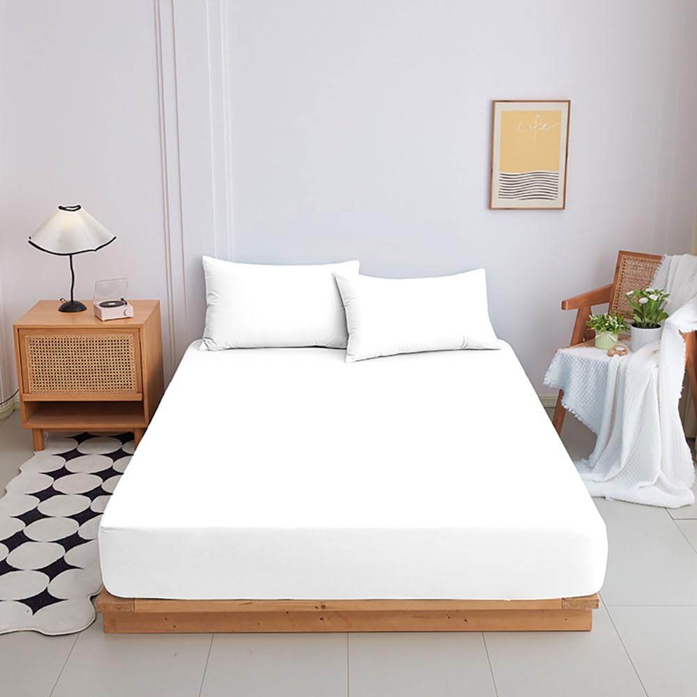 Highdi Fitted Sheets Deep Pocket 20cm, Sheet Bedding washable Sheets Linens Ultra Soft Easy Care Fade Resistant for Single Double King Size Bed (White,180x200+20cm)