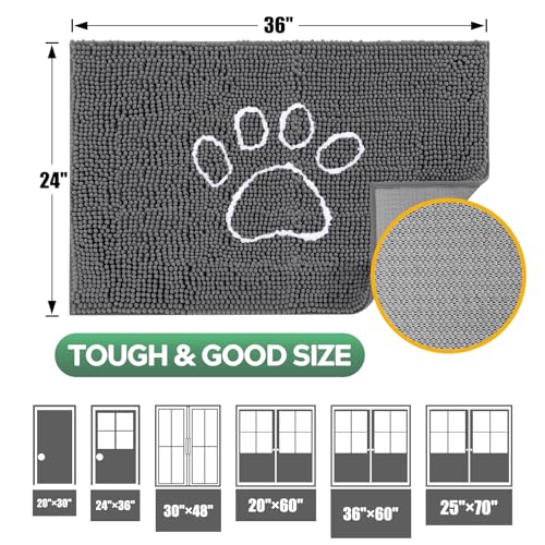 Dog Door Mat for Muddy Paws, Pet Rug Chenille Absorbent Outdoor Doormat 36"x 24", Non Slip Heavy Indoor Doormat Soft Front Inside Doormats for Entryway, Mud Paws, Patio,Dog Paw Grey