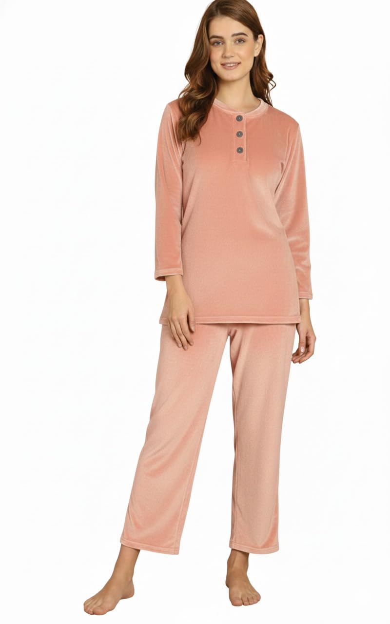 Mandarin Collar Long Sleeves Velvet Top & Pyjamas Winter Night Suits (Set of 2)-163-image-21