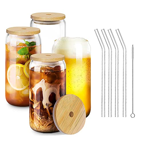 Image of KiKiluxxa 540ml Glass Can Style Tumbler Set of 2 with Wooden Lid & Glass Straw | Reusable Cups for Juice, Milk, Tea & Coffee | Stylish Drinkware for Home Use (Halifax Plain Tumbler 2)