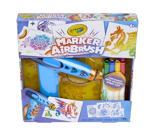 Crayola Marker Airbrush Spray Art Kit, Battery-Powered Sprayer with 8 Washable Markers & 5 Stencils, DIY Craft Set, Ages 6+