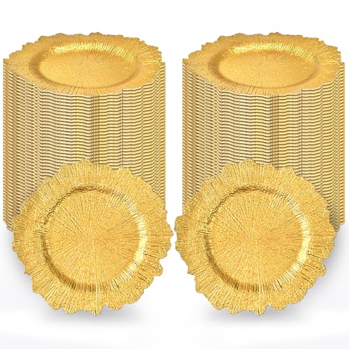 Tomeurperf Gold Charger Plates Bulk 100Pcs - 13 Elegant Gold Chargers for Dinner Plates Wedding & Event Decorative Charger Plates Set