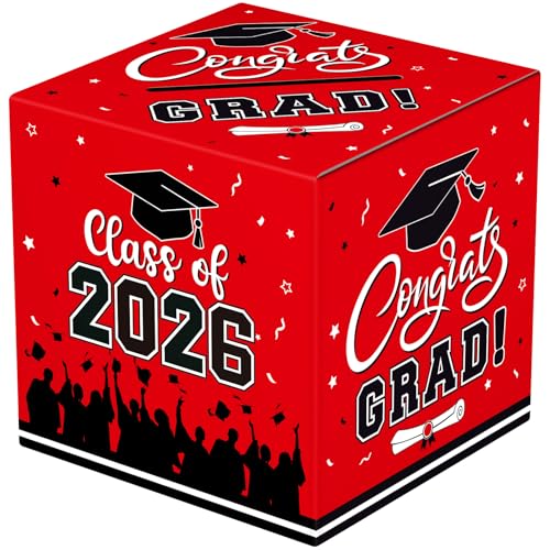 PERFQU Graduation Card Box 2026 - Congrats Grad Card Boxes Holder Red Class of 2026 Graduation Gift Cards Box for Graduation Party Decorations 2026 Favors Decor Supplies Props 9x 9 x 9 inches