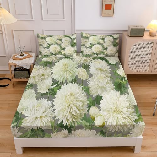 Sábana Bajera Ajustable 3 Piezas 105x190cm, Estampado Crisantemo Flores Juegos de Cama, Campo Flores Microfibra Transpirable 30 cm de Profundidad con 2 Fundas de Almohada, Blanco