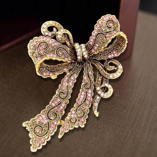 Image of Rhinestone Bow Brooch Vintage Crystal Bowknot Lapel Pin Pink Bow Brooch Wedding Fashion Jewelry Accessories Birthday Jewelry for Women