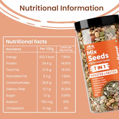 Image of Growfitz 7-in-1 Super Seed Mix | Pack of 2 (500g Each)| 24.4g High Protein & Fiber | Roasted & Salted Pumpkin, Sunflower, Flax, Chia, Soy Nuts & Sesame | Healthy Snack |