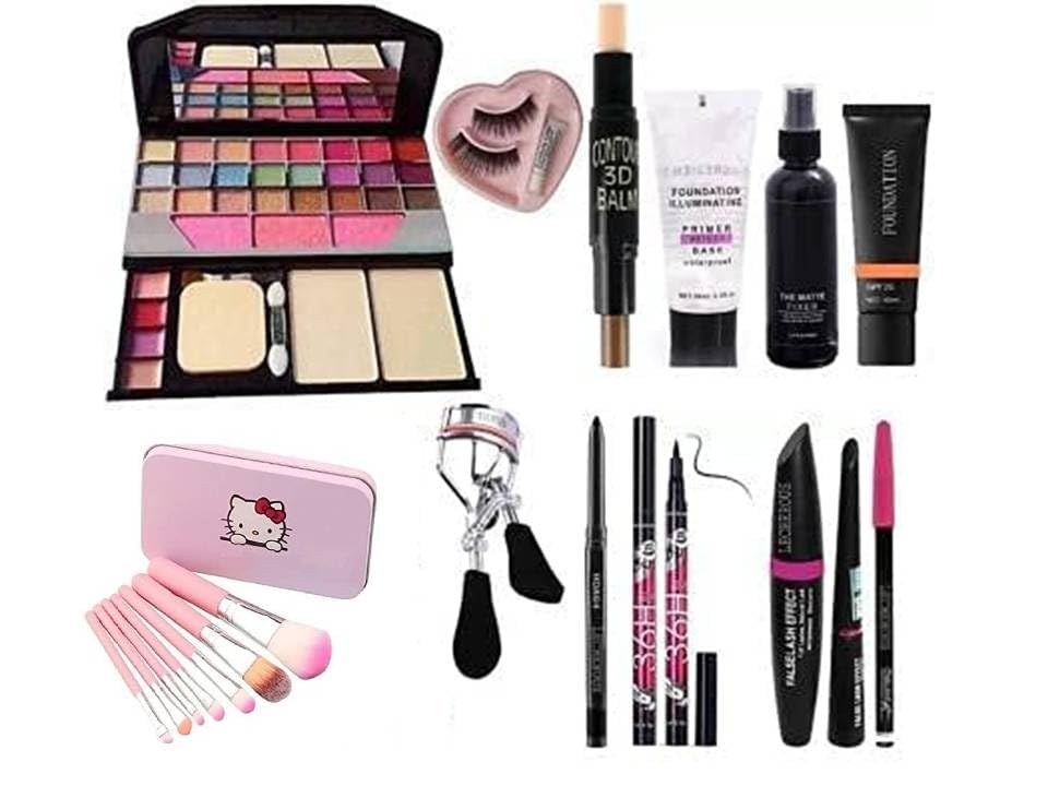 6155 Makeup Kit and 7 Pink Brushes, Contour Stick, Primer, Matte Fixer, Foundation, Kajal, 36H Eyeliner, 3in1 Eye Combo, Eyelashes, Curler - (Pack of 11), Multicolour