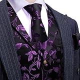 Barry.Wang Dark Purple Mens Vest Tie Sleeve Holder Set Silk Lapel Collar Formal/Casual Flower Vests Wedding Tuxedo Waistcoat