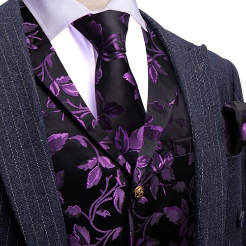 Barry.Wang Dark Purple Mens Vest Tie Sleeve Holder Set Silk Lapel Collar Formal/Casual Flower Vests Wedding Tuxedo Waistcoat