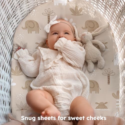 Image of Baby Bassinet Sheets, 3 Pack Fitted Bassinet Mattress Sheets, Compatible with Halo Bassinest Swivel Sleeper & Oval Hourglass Rectangle Mattress, Ultra Soft Orange Animal World