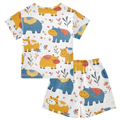 ALAZA Funny Hippo Leaves Pajamas Short Sleeve 2 Piece Sleepwear Top and Bottom Pajama Set Unisex2