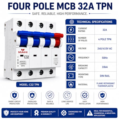 Image of MAHI 32A Four Pole MCB C Curve, Miniature Circuit Breaker with Overload & Short Circuit Protection, 32A Breaking Capacity, Durable Polycarbonate Body for Home & Industrial Use