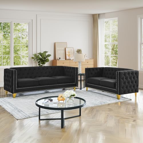 JEEOHEY Chesterfield Sofa Set of 2, Modern Velvet Couch with