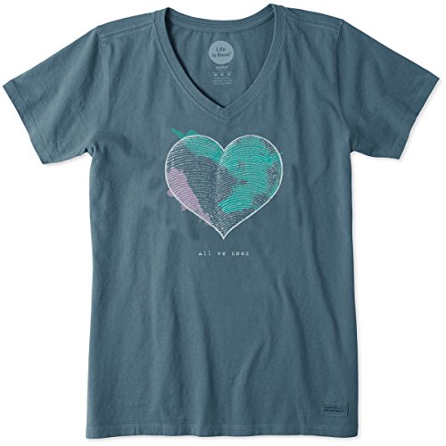 Life is good Women's Crusher Vee Neck Engraved All Hear T-Shirt (Pacific Blue)