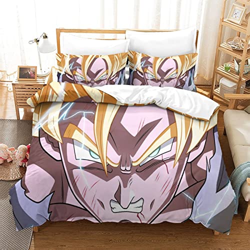 Ropa de Cama de 3 Piezas Funda de edredón de Dragon Ball Funda de edredón para niños y Adolescentes Funda de edredón de Goku con Funda de Almohada Individual (135x200cm)