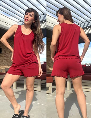 Ekouaer Ladies Sleeveless Pajamas Set Cami Sleepwear Round Neck Comfy Two Piece Loungewear For Spring (Wine Red, M) #TOP1