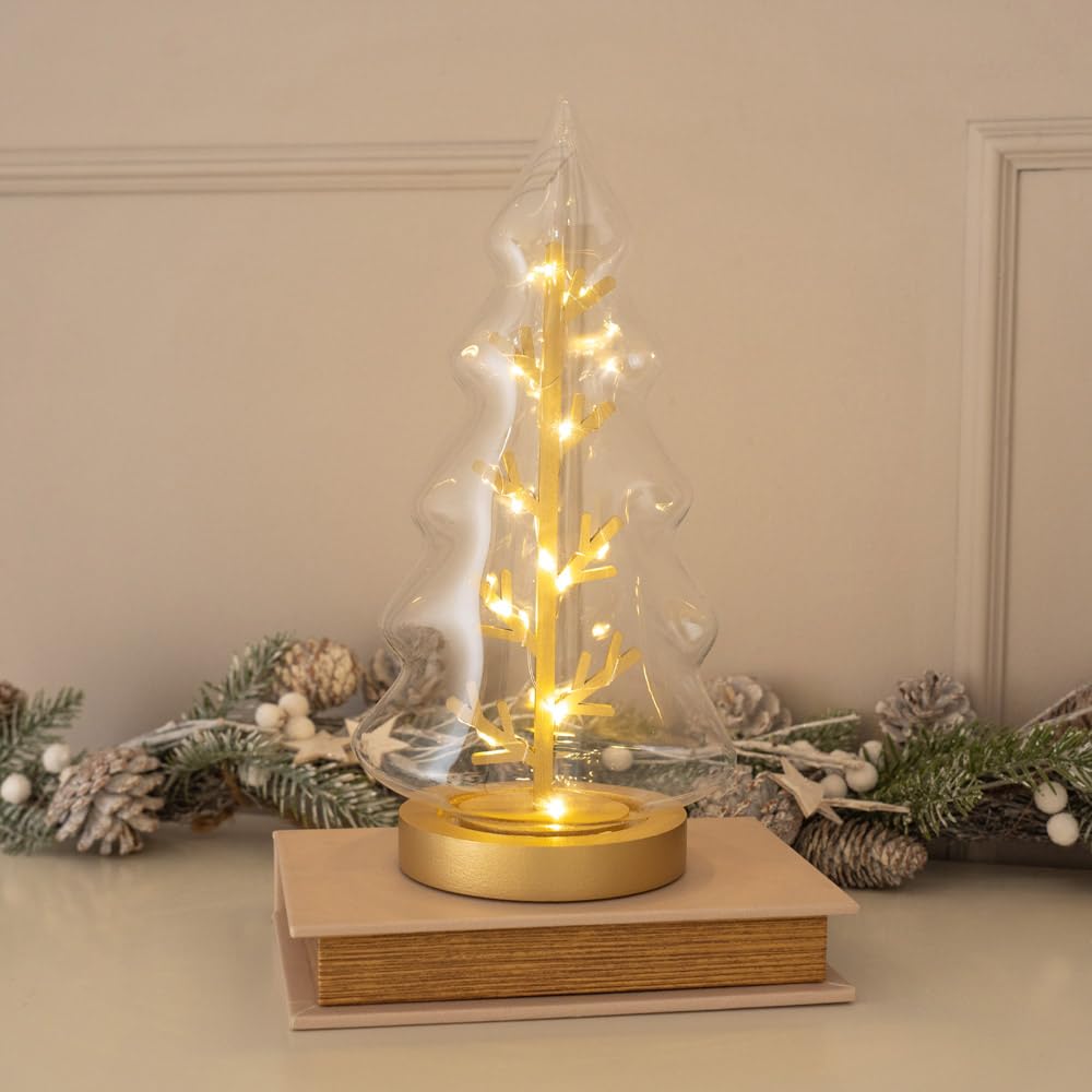 MiniSun | Festive Glass Christmas Tree Table Decoration 20 Warm White Lights Gold String Xmas Ornament Battery Operated | Christmas & Festive Essential