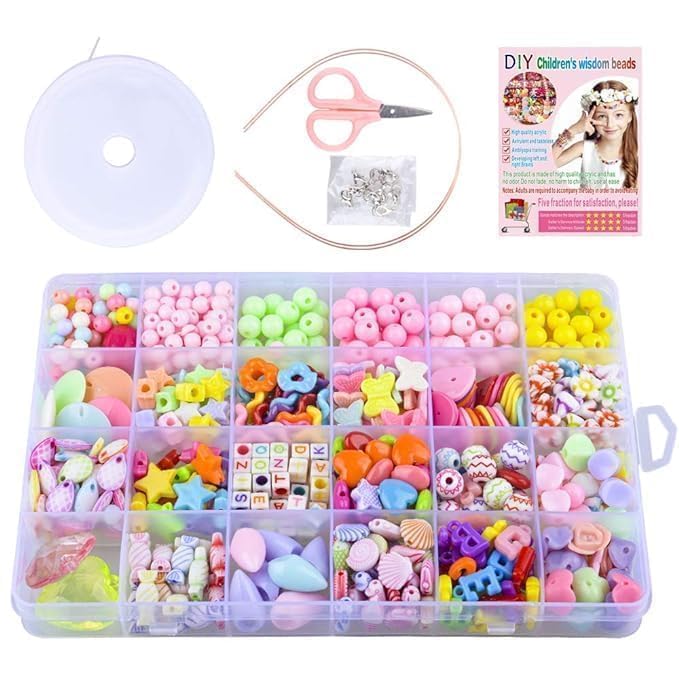 self Made own DIY Bracelet Making kit for Girls with Charms Beads Pendant Elastic Strings Thread and Scissors Set Jewellery Making Materials kit Bead Set, Multicolor