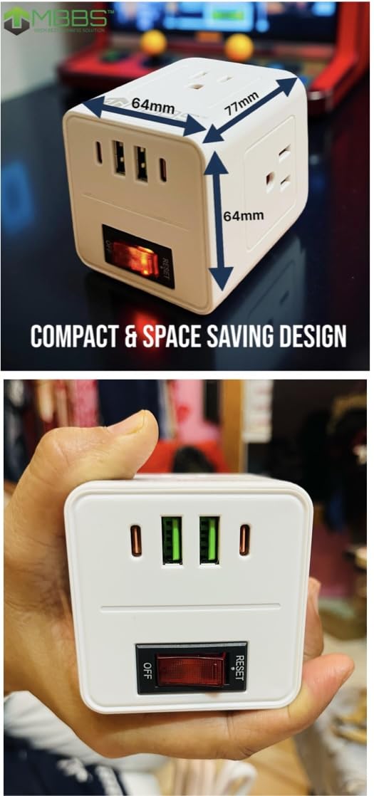 MBBS Power Cube - Kompakte Steckdosenleiste mit 3 AC-Ausgängen und 4 USB-Ports mit 2 USB C Ports, Überspannungsschutz 900J, platzsparendes Würfeldesign für Zuhause und die