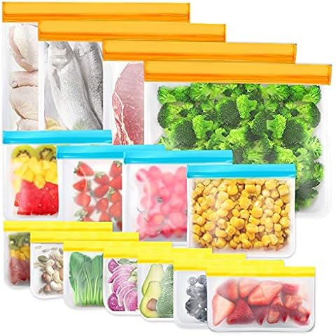 15 Pack Reusable Storage Bags (4 Large Bags+4 Sandwich Bags+7 Snack Bags), BPA Free Reusable Freezer Bags, Reusable Sandwich Bags, Silicone Food Bags Leakproof Lunch Bags for Travel Jewelry Make-Up Cover