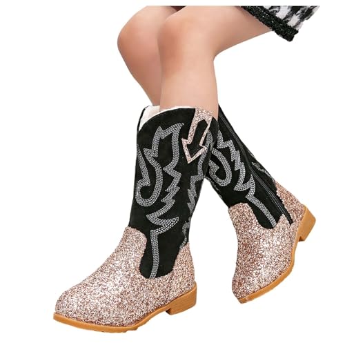 Cowgirl Boots for Girls Kids Toddler Glitter Mid Calf Western Cowboy Boots Zipper Color Block Sparkly Riding Shoes2
