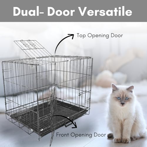 Image of RvPaws Dog Cage - Powder Coated, Double Door Folding Metal Cage /Crate /Kennel with Removable Tray and Paw Protector for Dogs, Cats and Rabbits (Black-Silver, 24 Inch)
